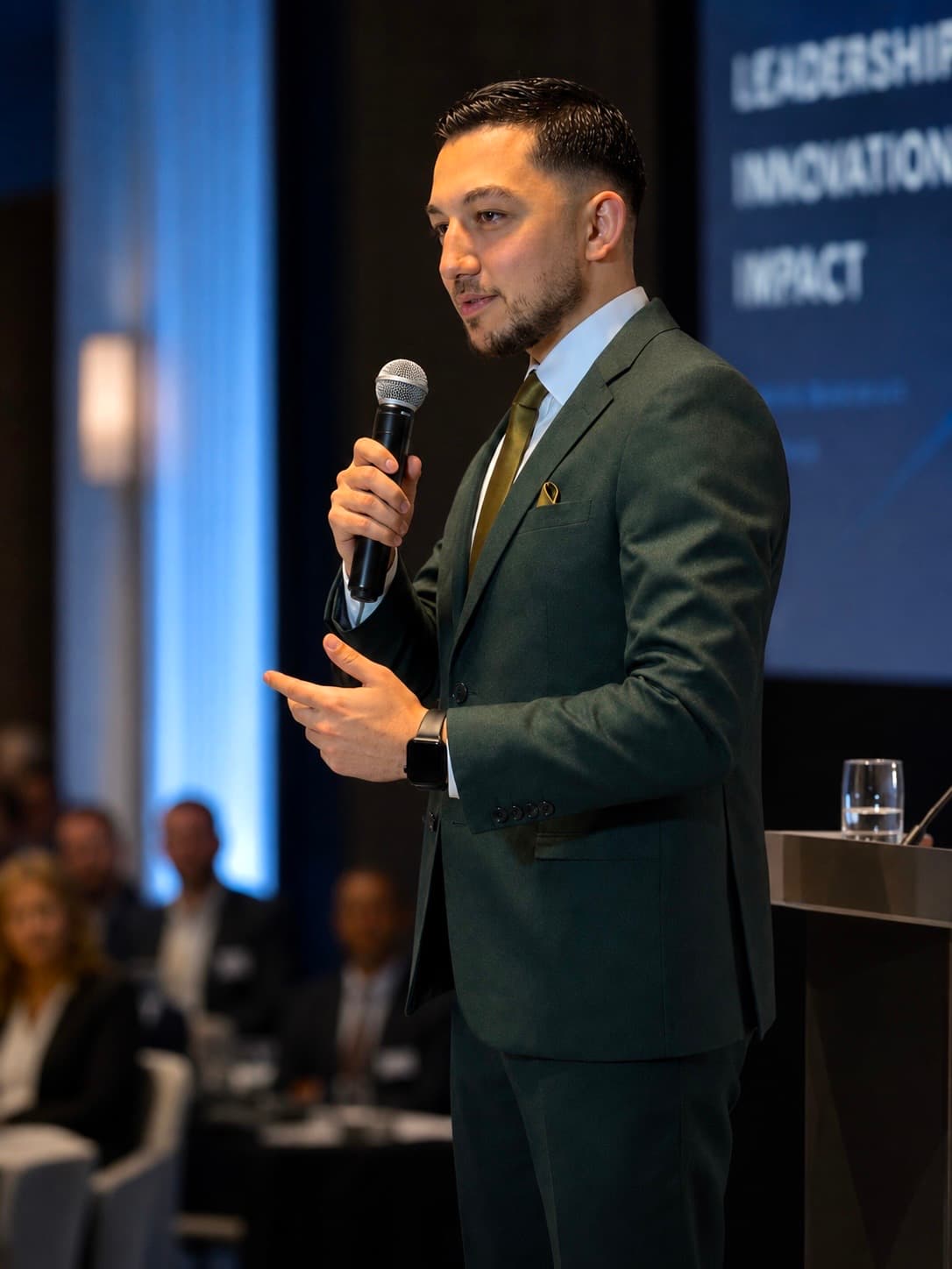 Walid Belhora, fondateur de BLHdigital, prenant la parole lors d'une conférence sur le leadership et l'innovation